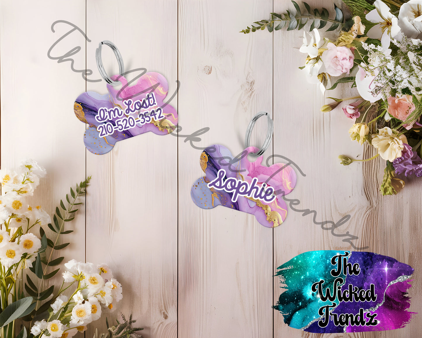 Marble Agate Geode Elegant Girl Dog Pet ID Dog Tag Personalized Custom Dog Name Phone Number