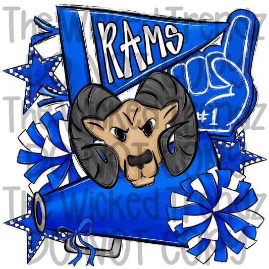 Rams Blue Cheer Cheerleading Cheerleader Mascot Digital Design Spirit Shirt Design