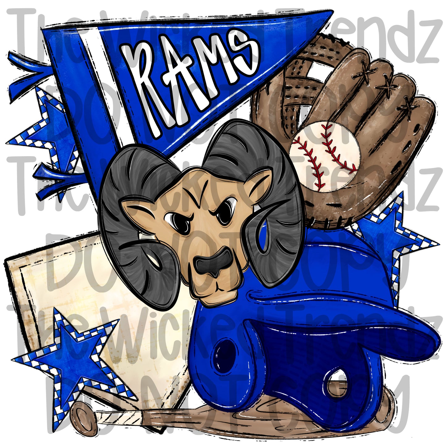 Rams Blue Baseball Team Mascot Digital Design