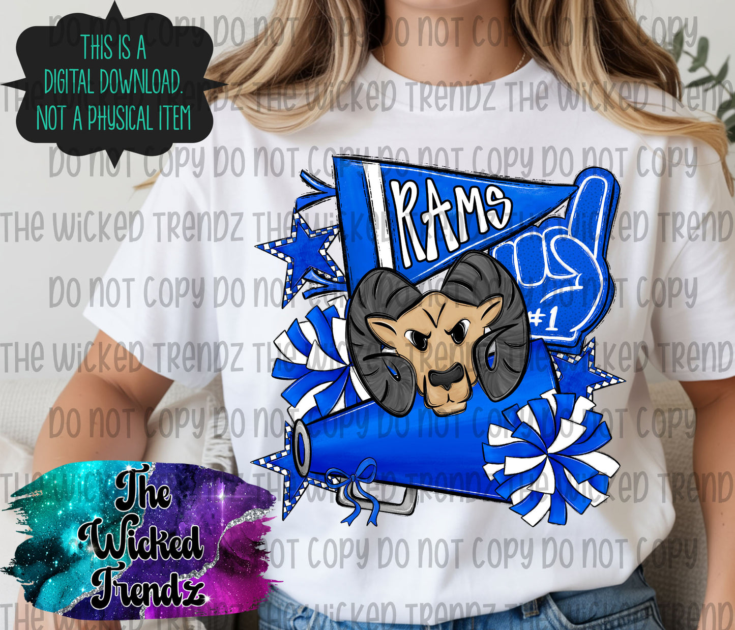 Rams Blue Cheer Cheerleading Cheerleader Mascot Digital Design Spirit Shirt Design