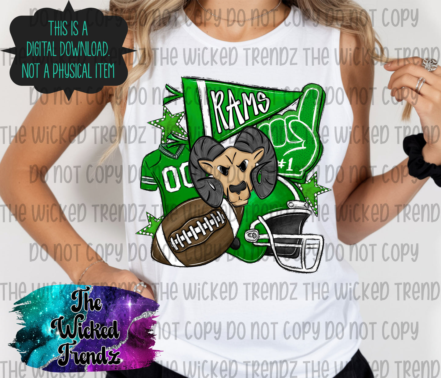 Rams Green Football Mascot Digital Design
