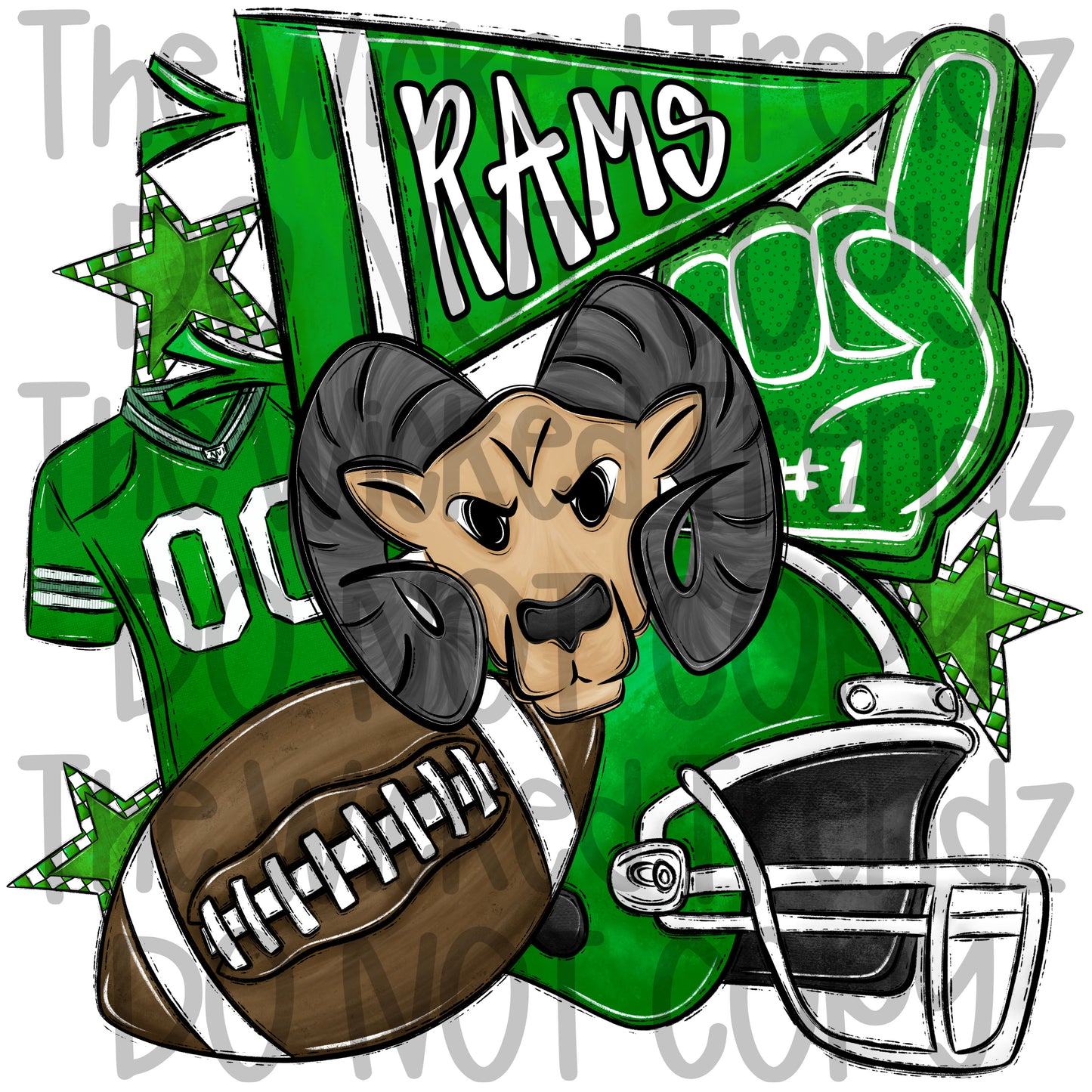 Rams Green Football Mascot Digital Design
