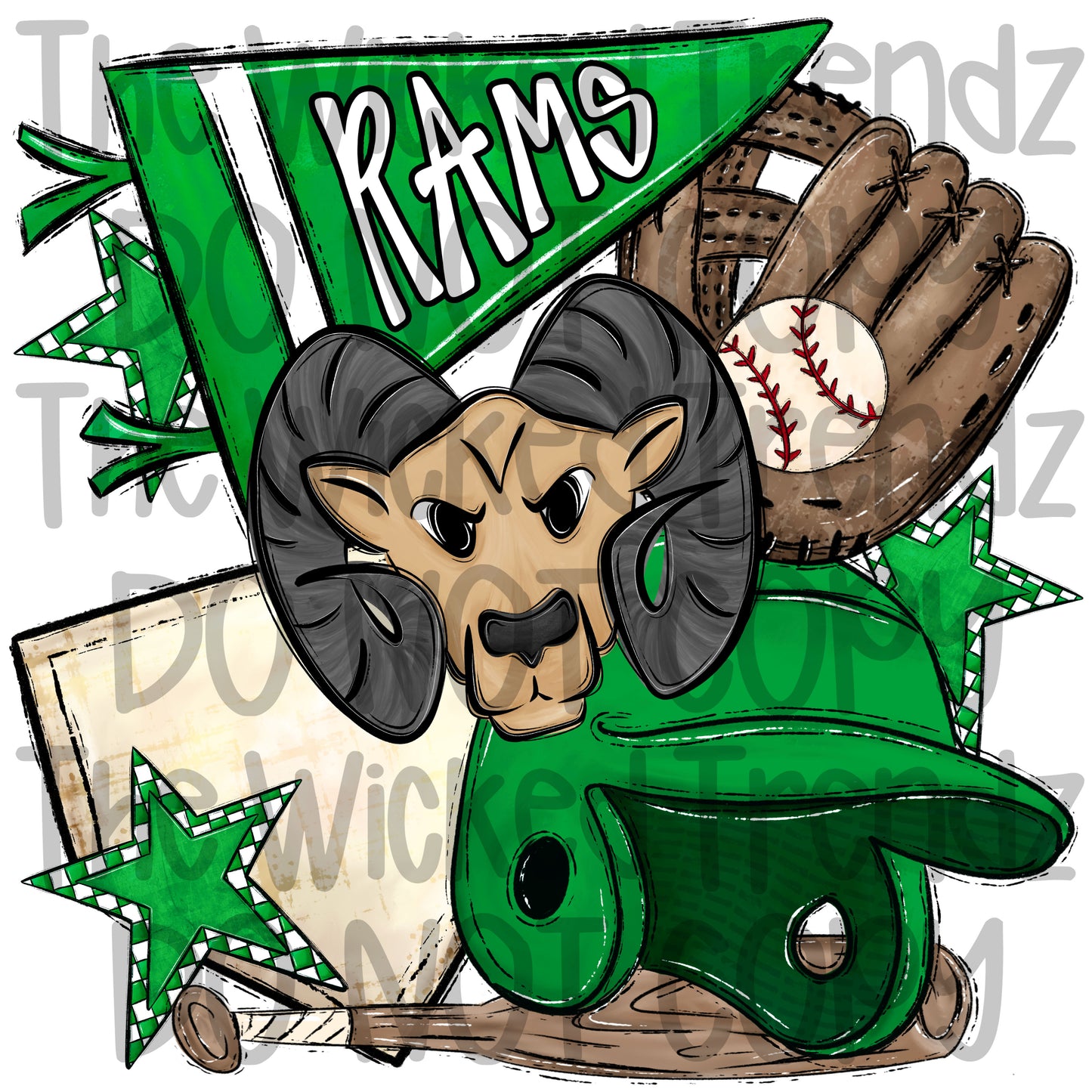 Rams Green Baseball Team Mascot Digital Design