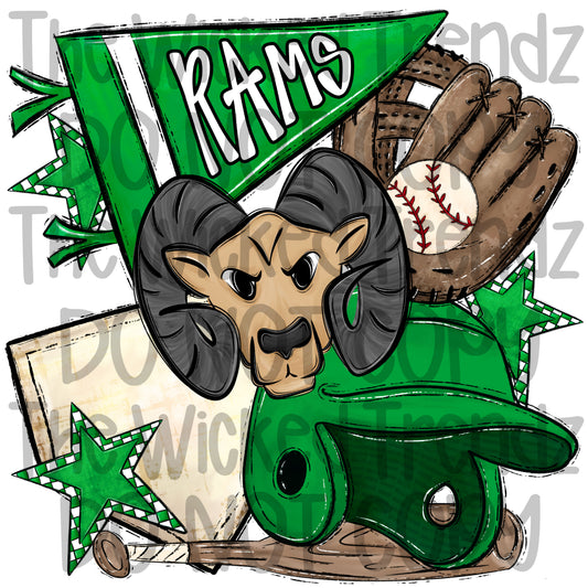 Rams Green Baseball Team Mascot Digital Design