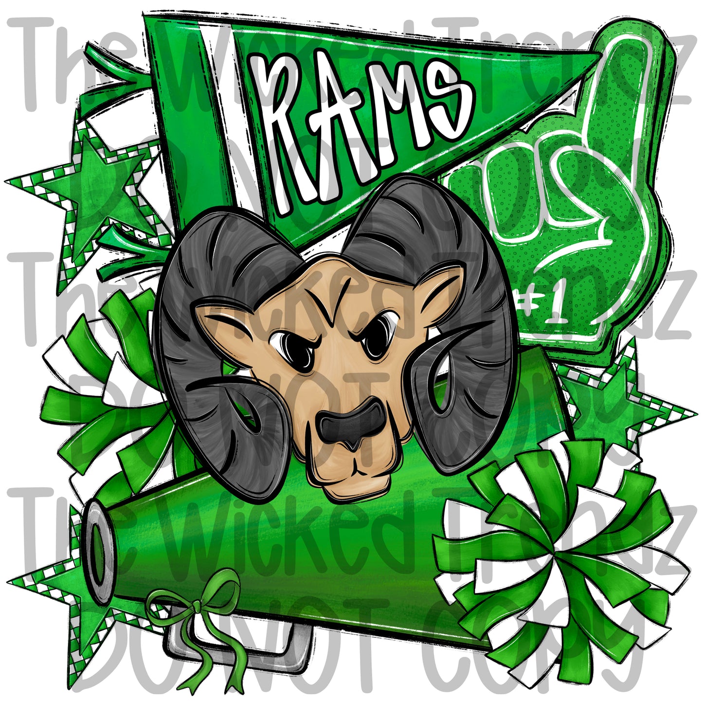 Rams Green Cheer Cheerleading Cheerleader Mascot Digital Design Spirit Shirt Design