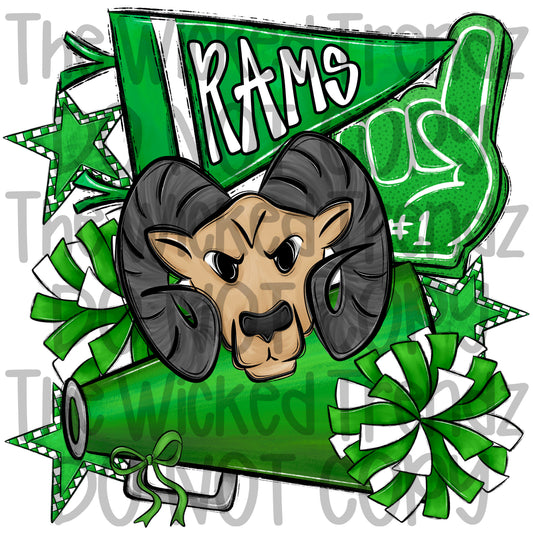 Rams Green Cheer Cheerleading Cheerleader Mascot Digital Design Spirit Shirt Design