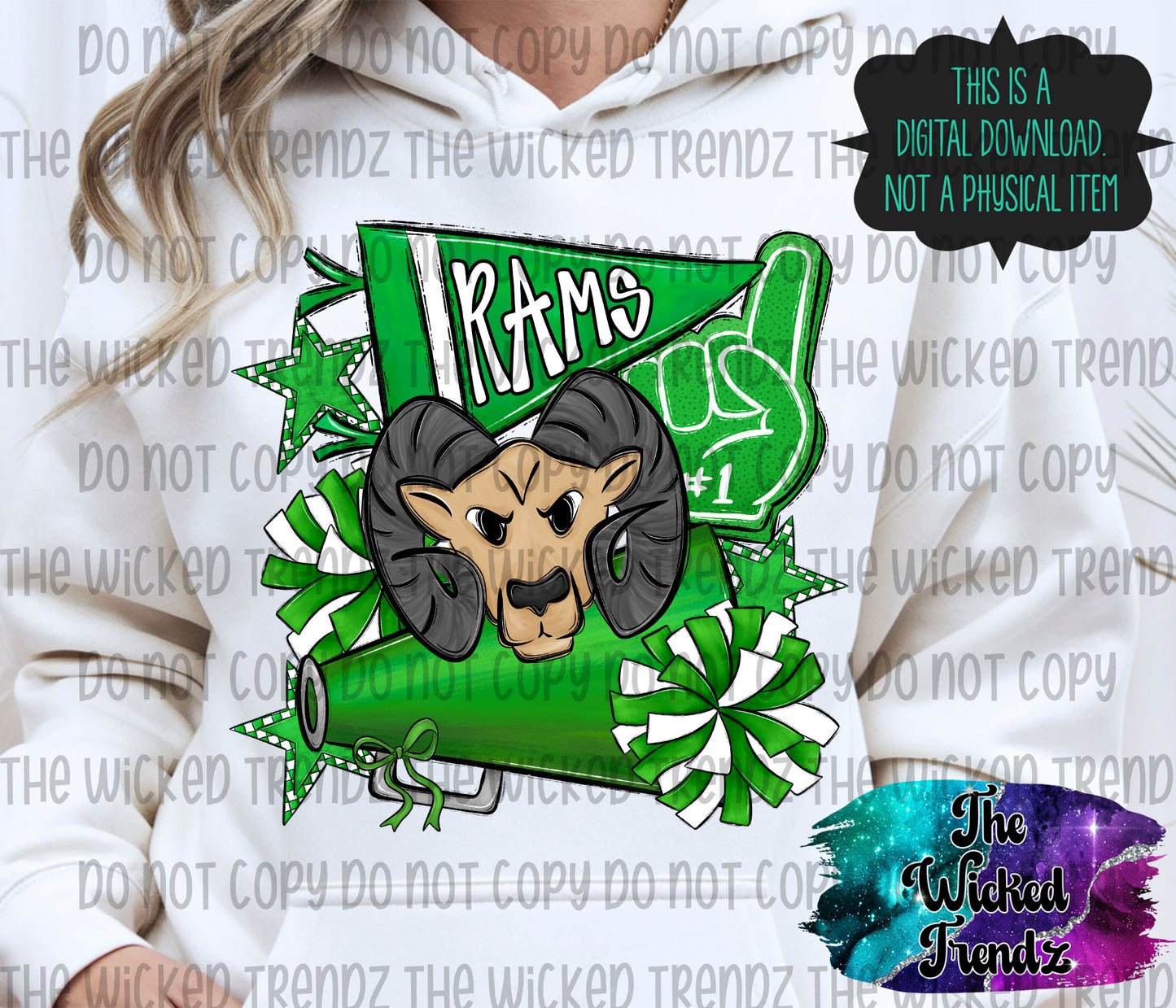 Rams Green Cheer Cheerleading Cheerleader Mascot Digital Design Spirit Shirt Design