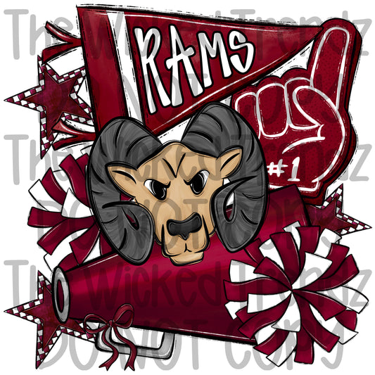 Rams Maroon Cheer Cheerleading Cheerleader Mascot Digital Design Spirit Shirt Design