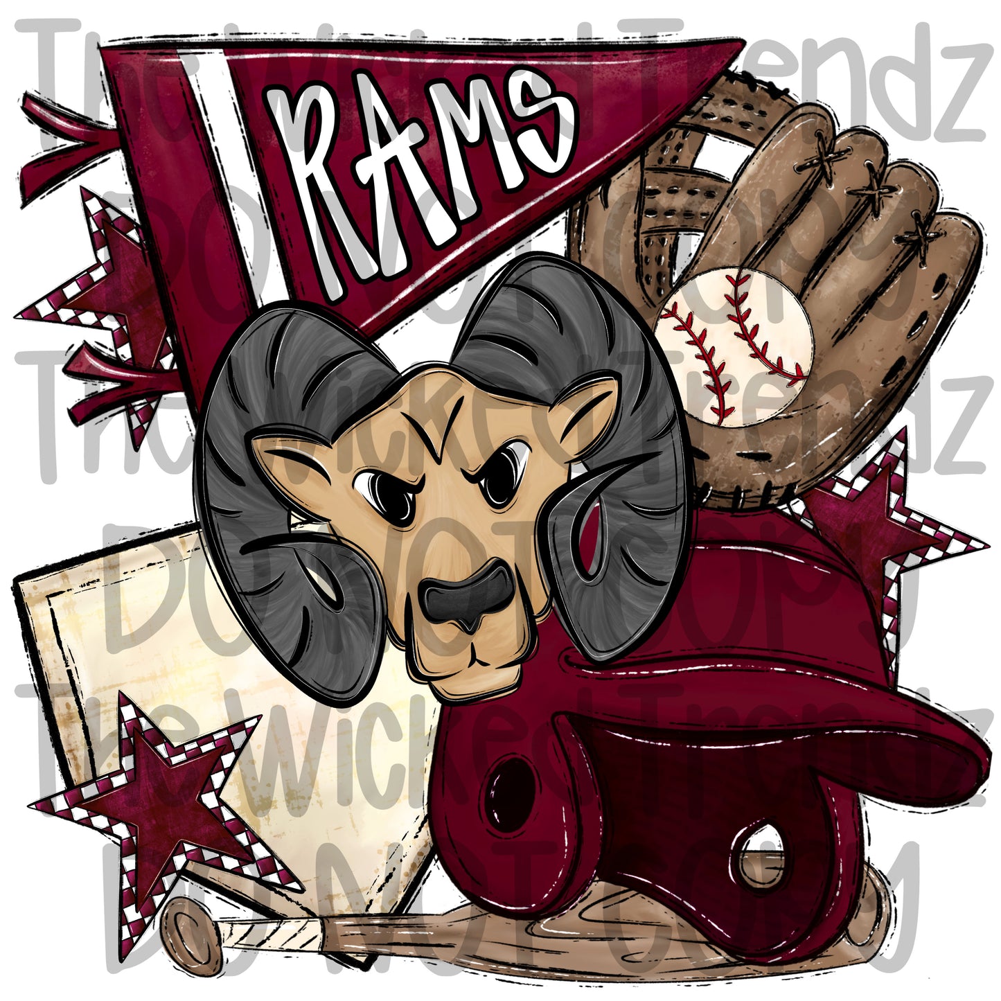 Rams Maroon Baseball Team Mascot Digital Design