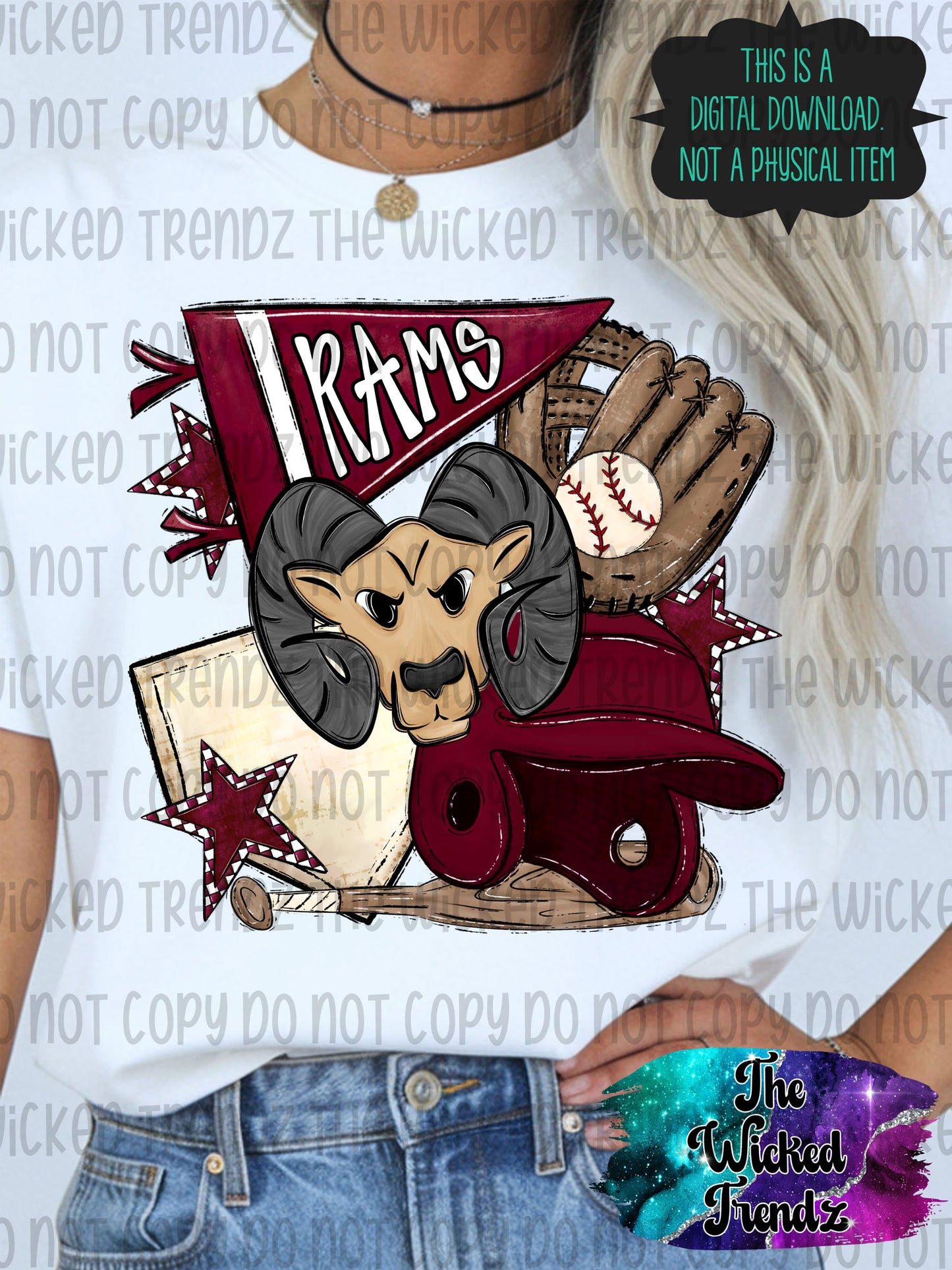 Rams Maroon Baseball Team Mascot Digital Design