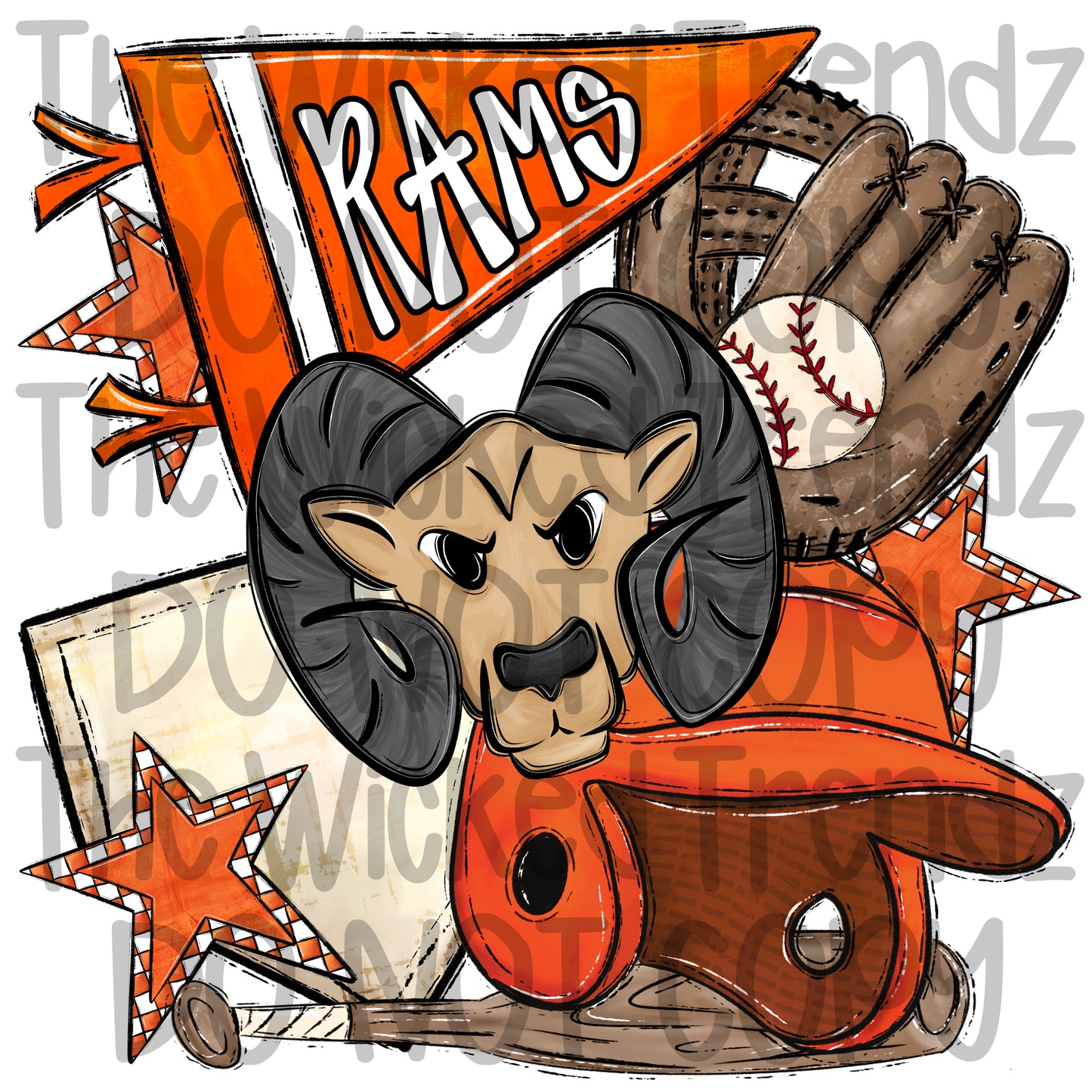 Rams Orange Baseball Team Mascot Digital Design