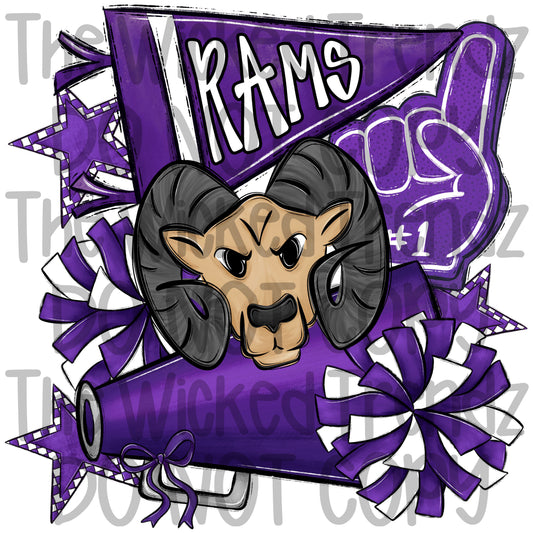 Rams Purple Cheer Cheerleading Cheerleader Mascot Digital Design Spirit Shirt Design
