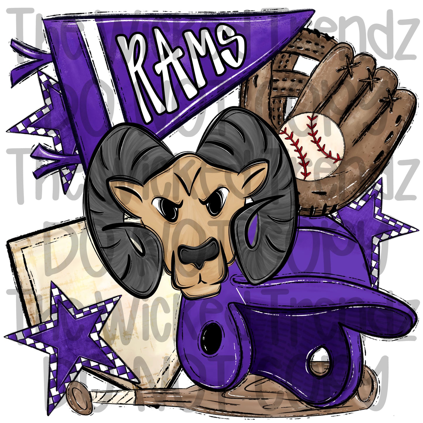 Rams Purple Baseball Team Mascot Digital Design