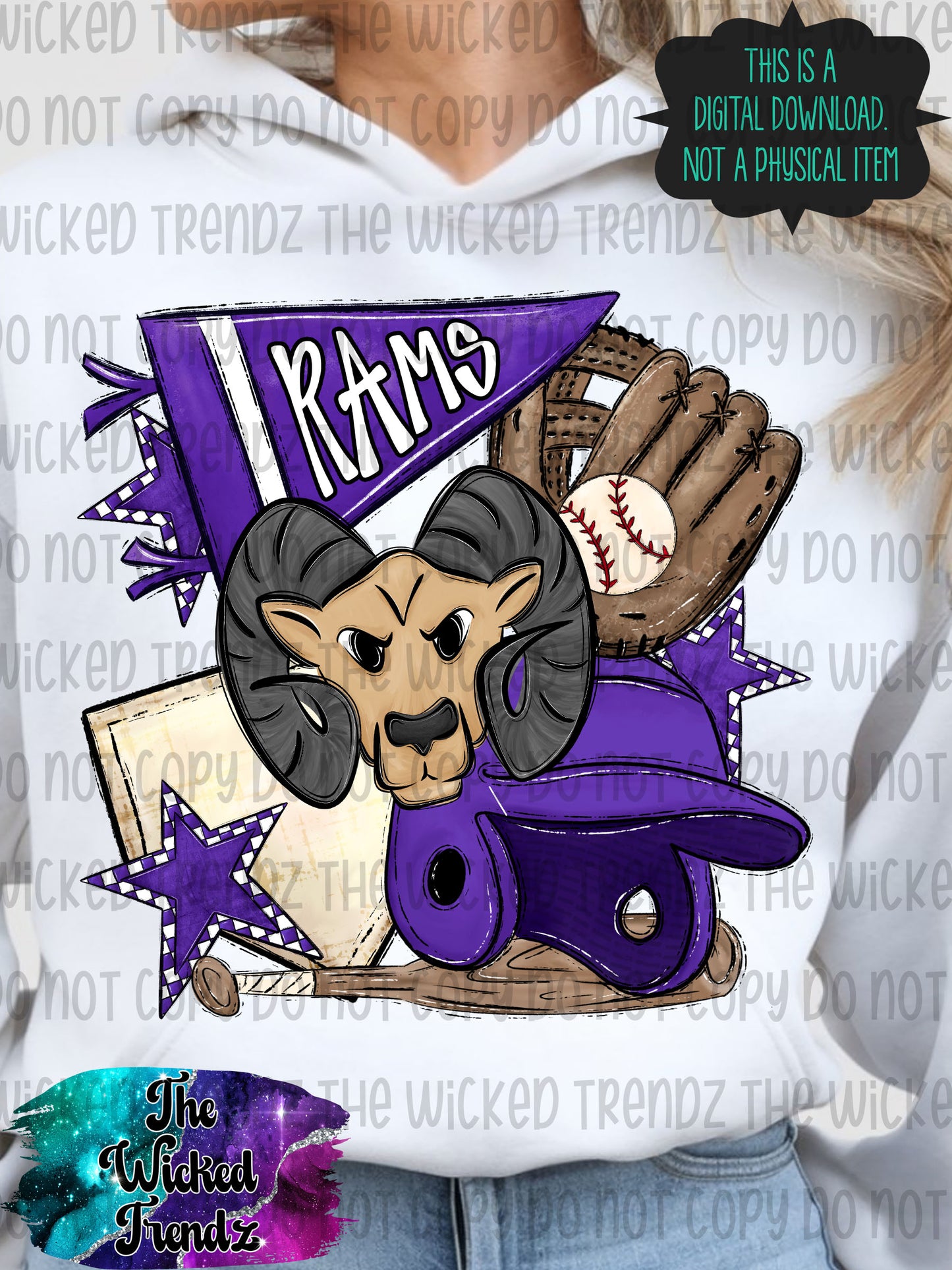 Rams Purple Baseball Team Mascot Digital Design