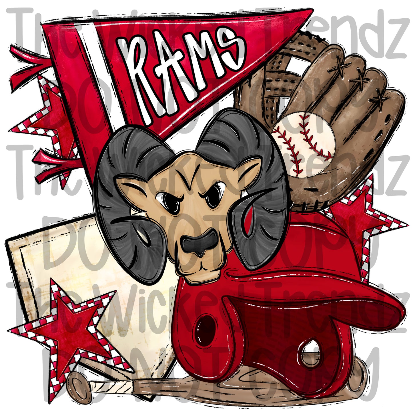 Rams Red Baseball Team Mascot Digital Design