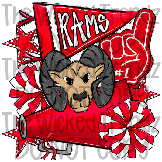 Rams Red Cheer Cheerleading Cheerleader Mascot Digital Design Spirit Shirt Design