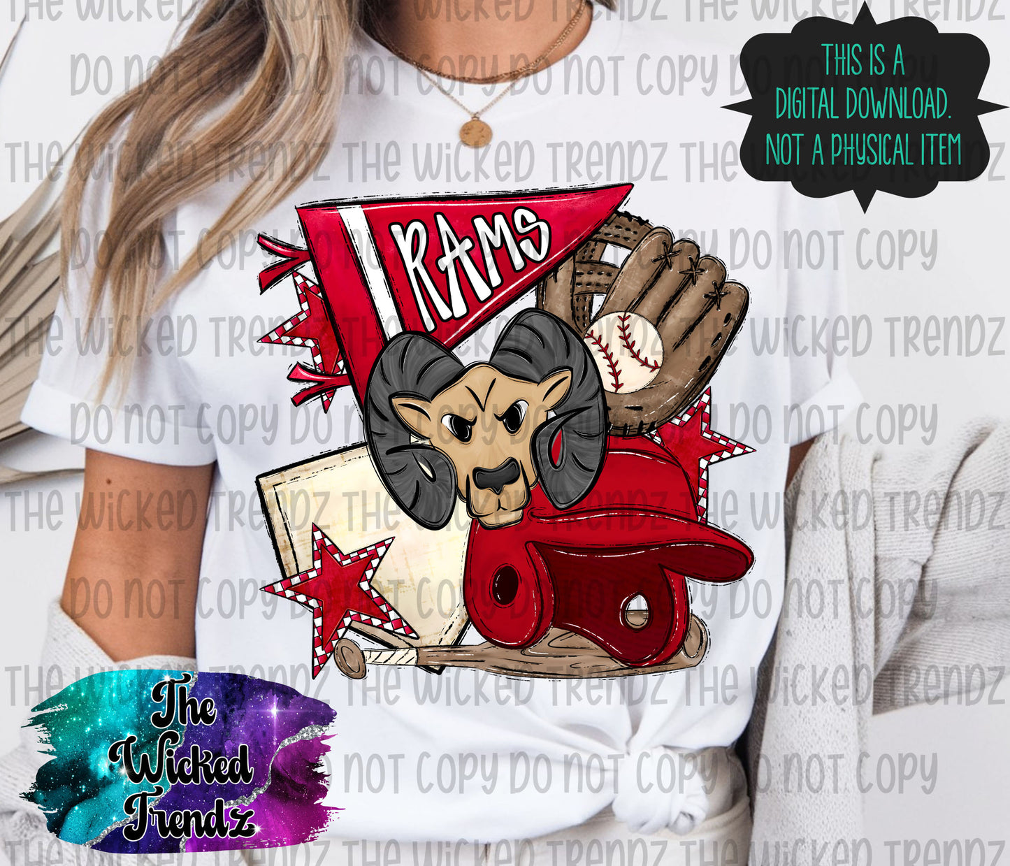 Rams Red Baseball Team Mascot Digital Design