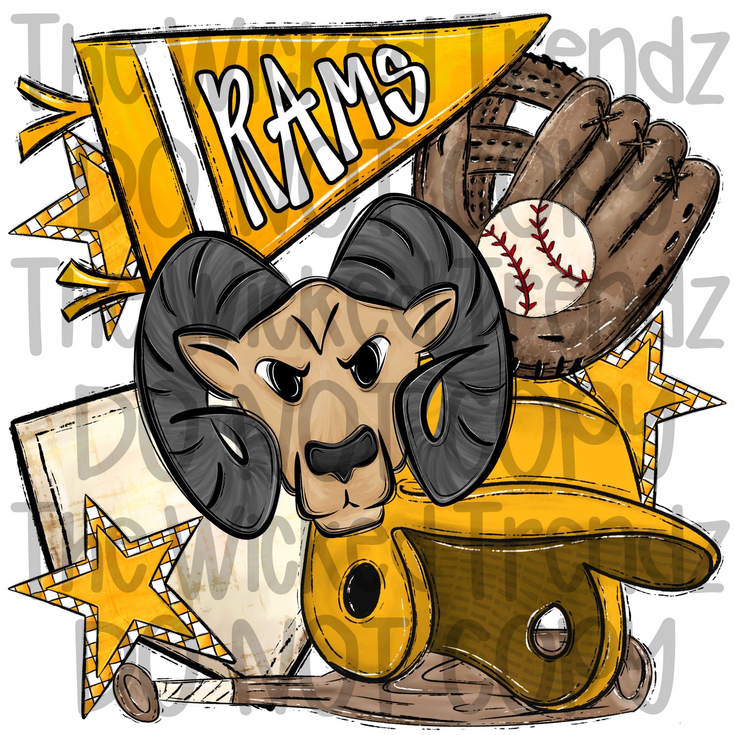 Rams Yellow Baseball Team Mascot Digital Design