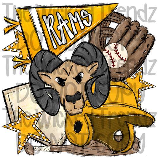 Rams Yellow Baseball Team Mascot Digital Design