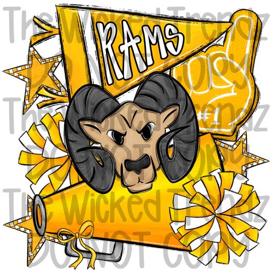 Rams Yellow Cheer Cheerleading Cheerleader Mascot Digital Design Spirit Shirt Design