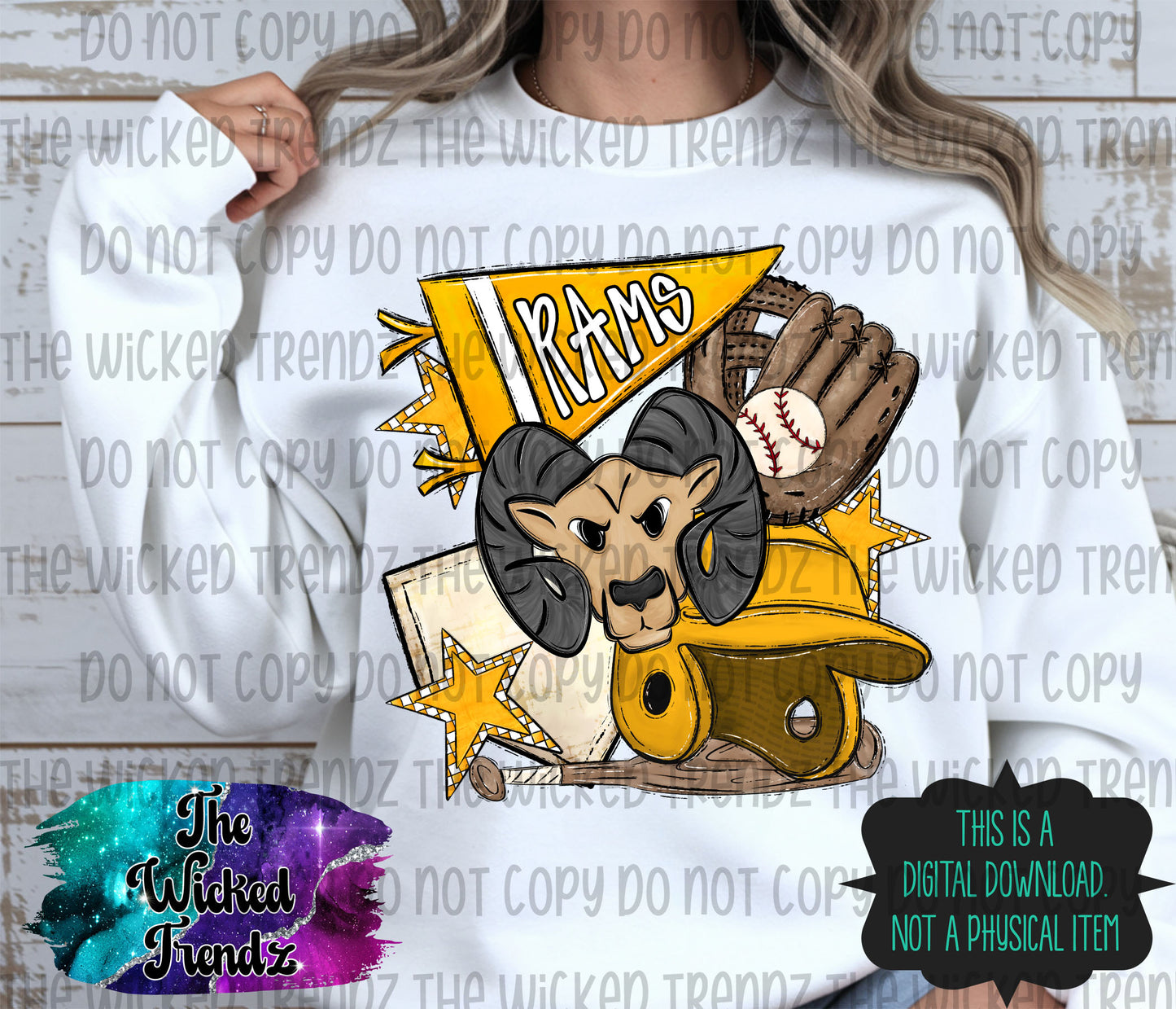 Rams Yellow Baseball Team Mascot Digital Design