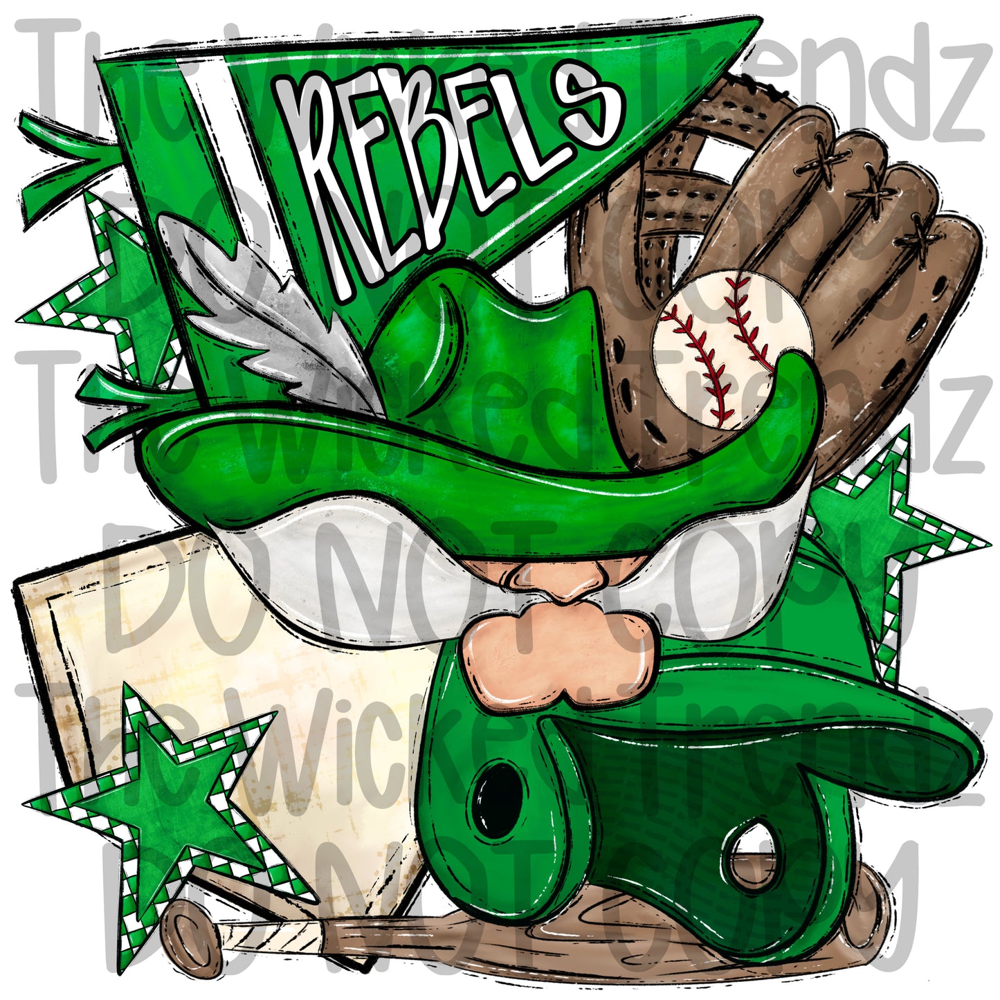Rebels Green Baseball Team Mascot Digital Design