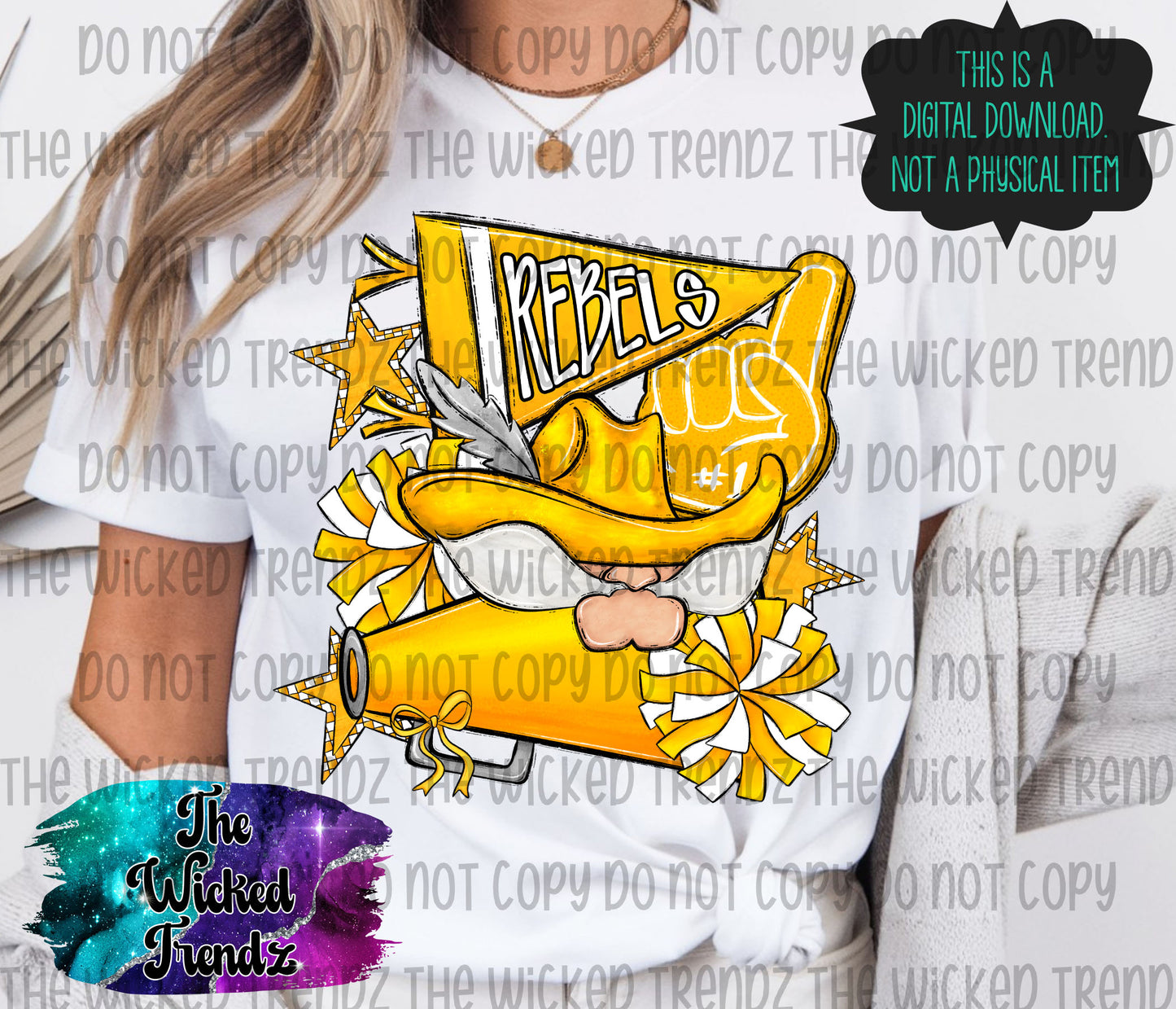 Rebels Yellow Cheer Cheerleading Cheerleader Mascot Digital Design Spirit Shirt Design
