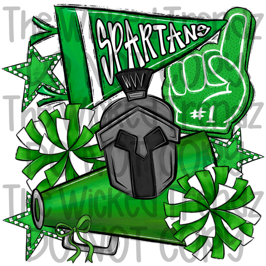 Spartans Green Cheer Cheerleading Cheerleader Mascot Digital Design Spirit Shirt Design
