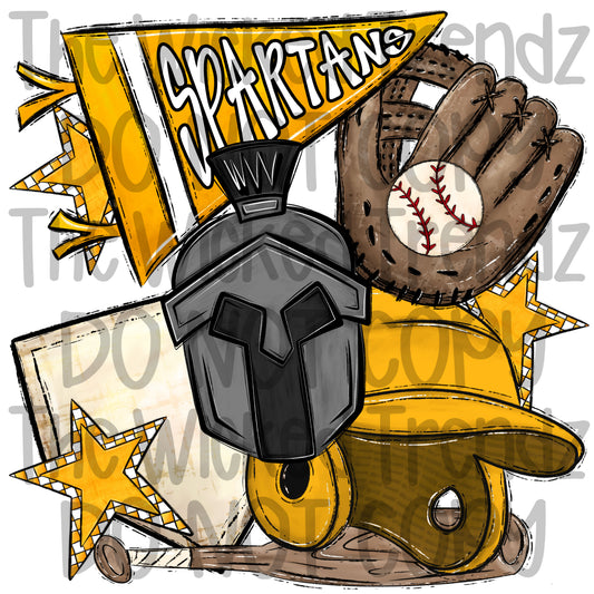 Spartans Yellow Baseball Team Mascot Digital Design