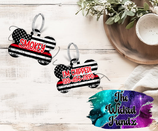 Firefighters Flag Red Line Puppy Pet ID Dog Tag Personalized Custom Dog Name Phone Number