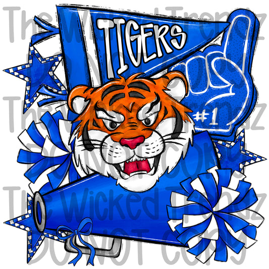 Tigers Blue Cheer Cheerleading Cheerleader Mascot Digital Design Spirit Shirt Design