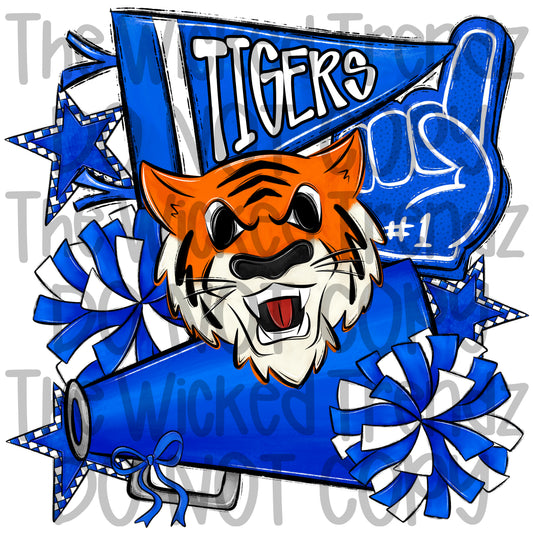 Tigers Blue Cheer Cheerleading Cheerleader Mascot Digital Design Spirit Shirt Design