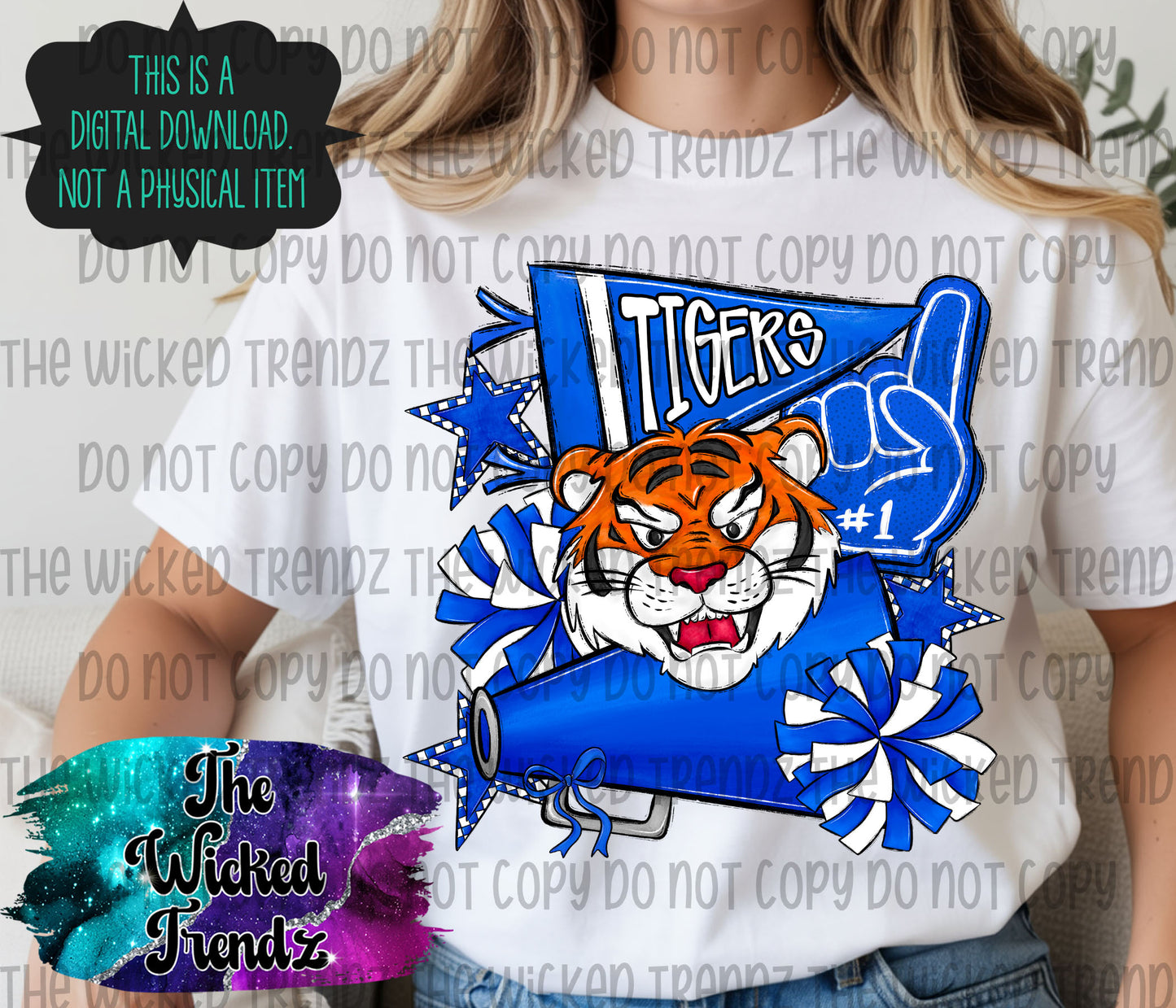 Tigers Blue Cheer Cheerleading Cheerleader Mascot Digital Design Spirit Shirt Design