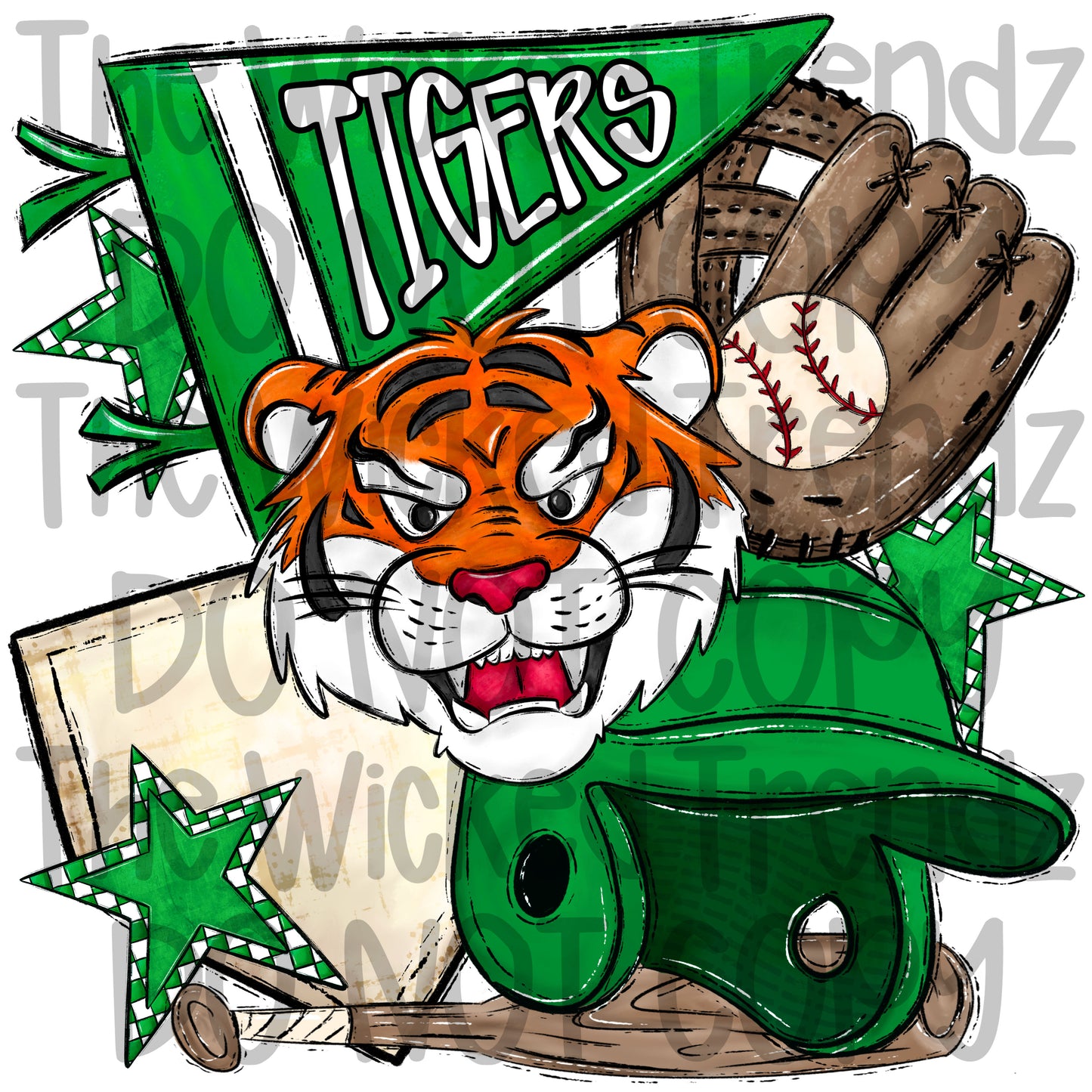 Tigers Green Baseball Team Mascot Digital Design