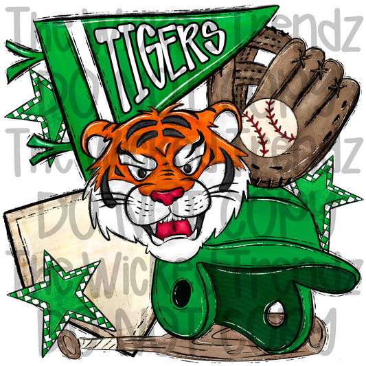 Tigers Green Baseball Team Mascot Digital Design