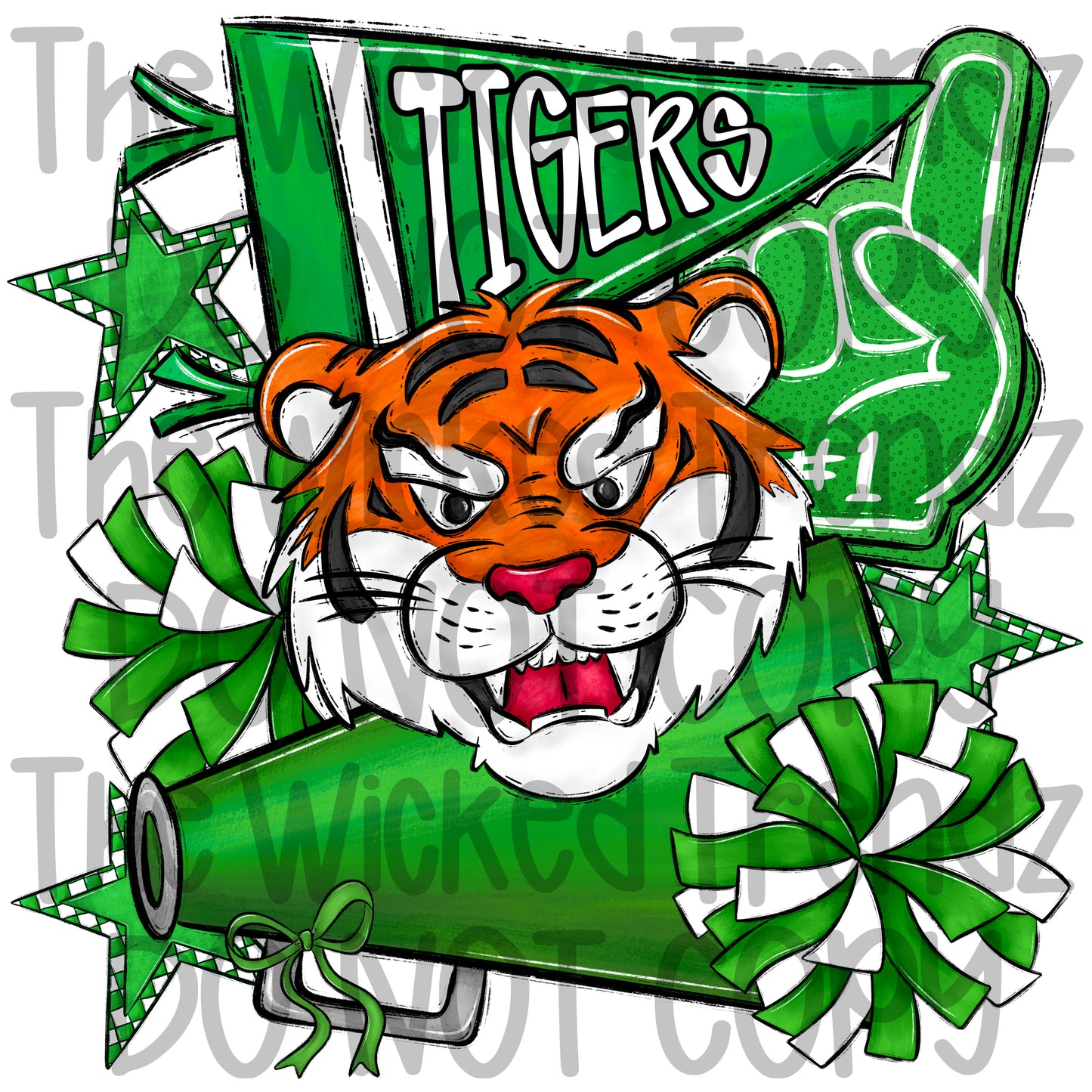 Tigers Green Cheer Cheerleading Cheerleader Mascot Digital Design Spirit Shirt Design