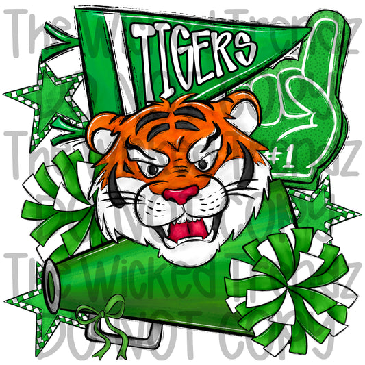 Tigers Green Cheer Cheerleading Cheerleader Mascot Digital Design Spirit Shirt Design