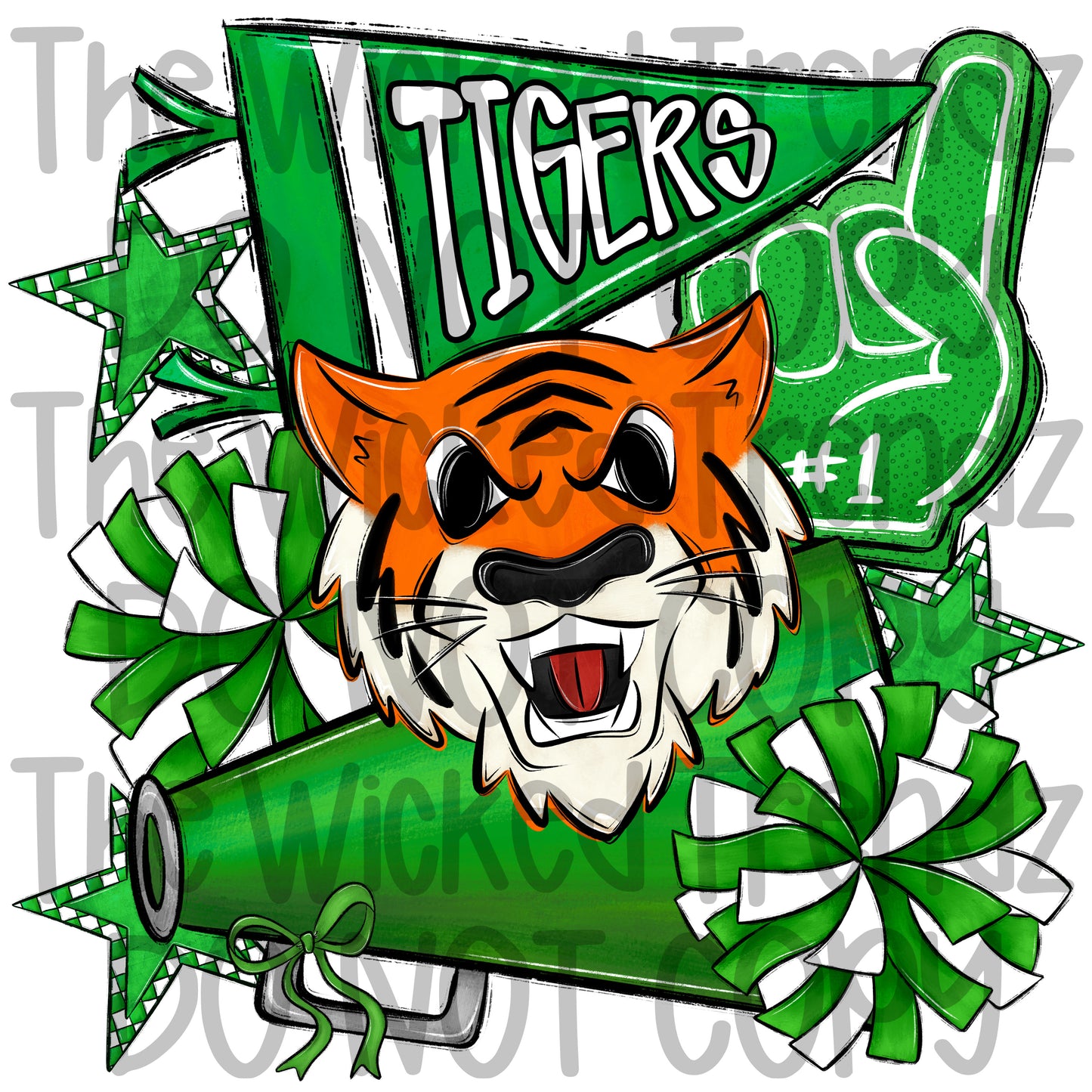 Tigers Green Cheer Cheerleading Cheerleader Mascot Digital Design Spirit Shirt Design