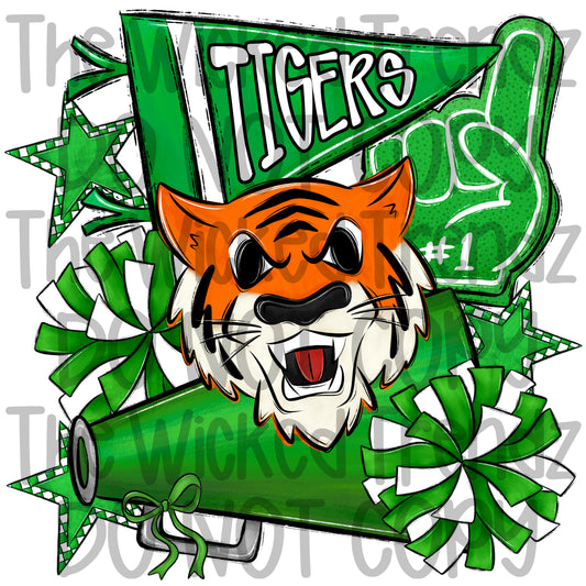 Tigers Green Cheer Cheerleading Cheerleader Mascot Digital Design Spirit Shirt Design