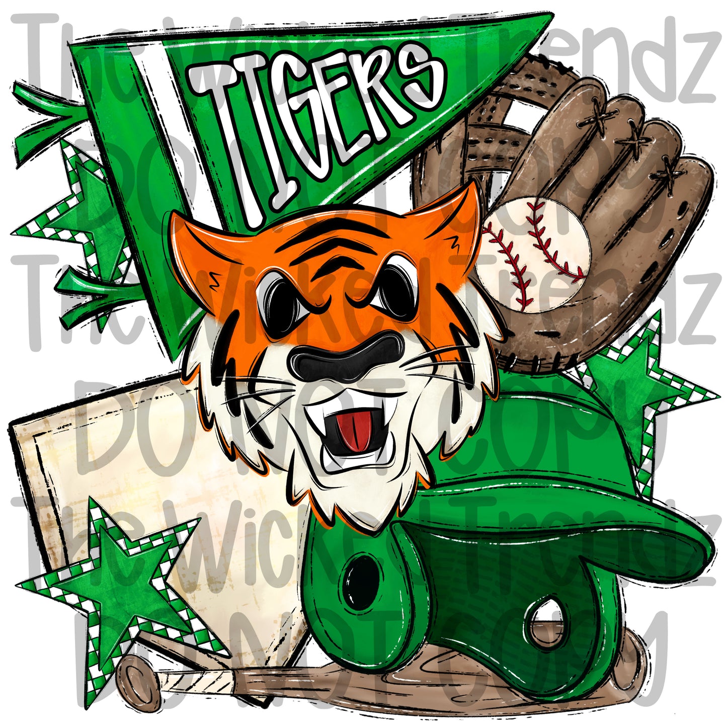 Tigers Green Baseball Team Mascot Digital Design