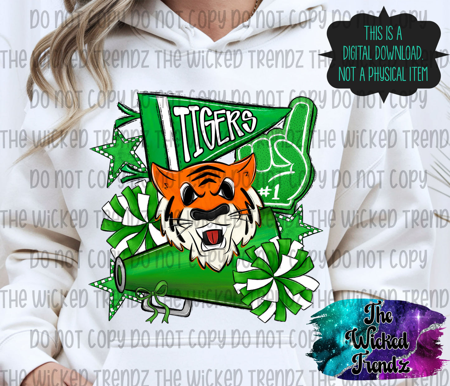 Tigers Green Cheer Cheerleading Cheerleader Mascot Digital Design Spirit Shirt Design