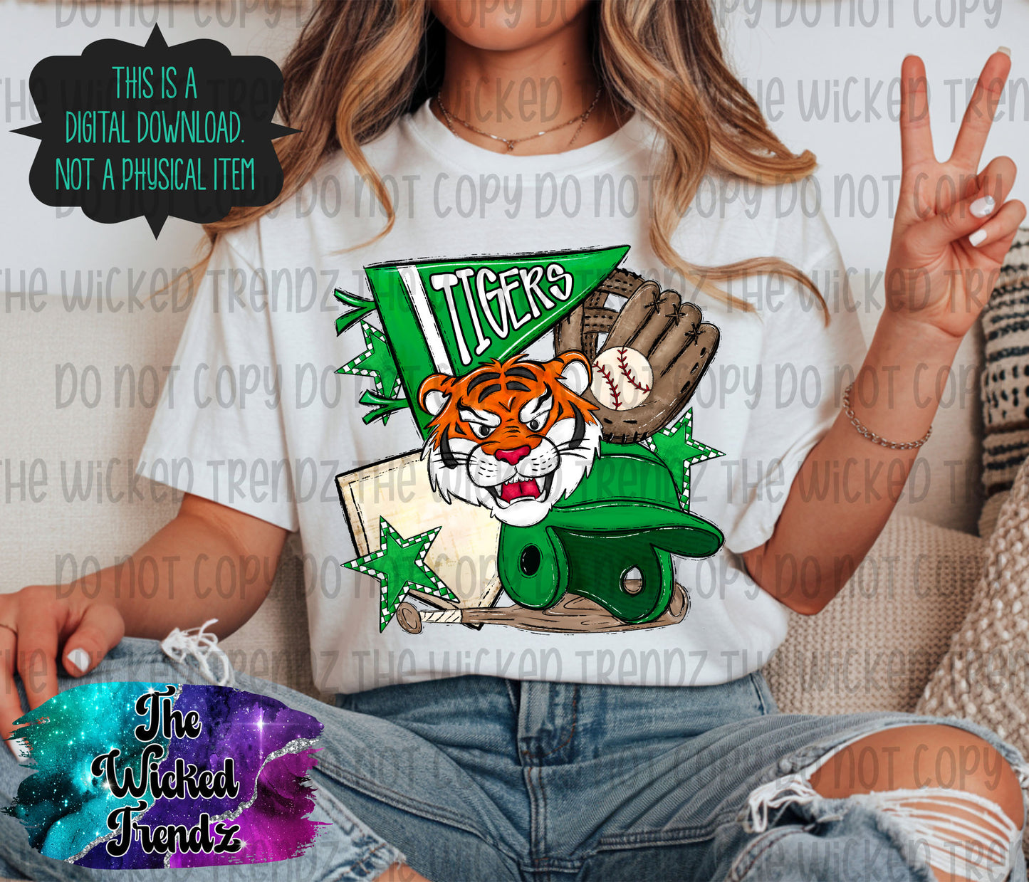 Tigers Green Baseball Team Mascot Digital Design