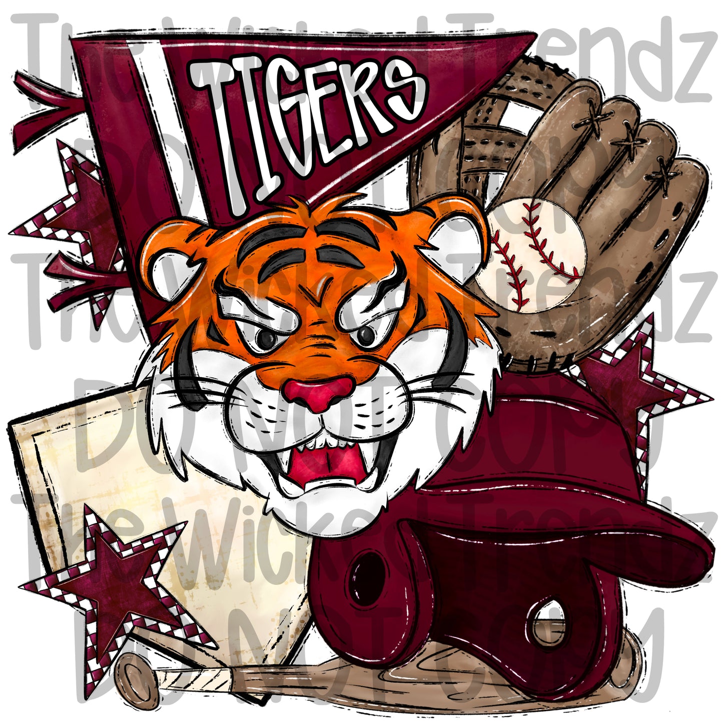 Tigers Maroon Baseball Team Mascot Digital Design