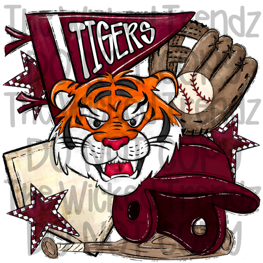 Tigers Maroon Baseball Team Mascot Digital Design