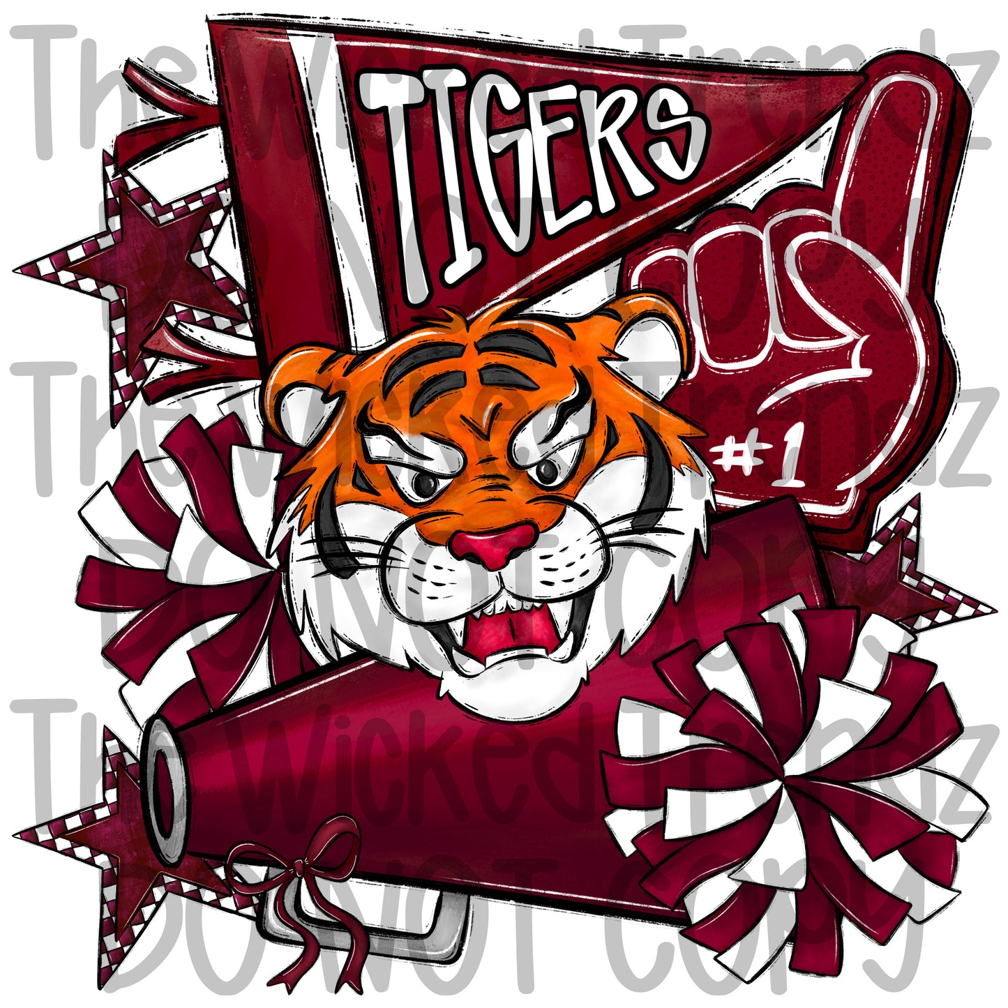 Tigers Maroon Cheer Cheerleading Cheerleader Mascot Digital Design Spirit Shirt Design