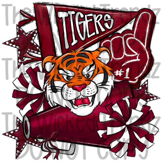 Tigers Maroon Cheer Cheerleading Cheerleader Mascot Digital Design Spirit Shirt Design