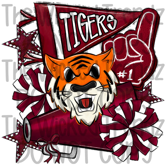 Tigers Maroon Cheer Cheerleading Cheerleader Mascot Digital Design Spirit Shirt Design