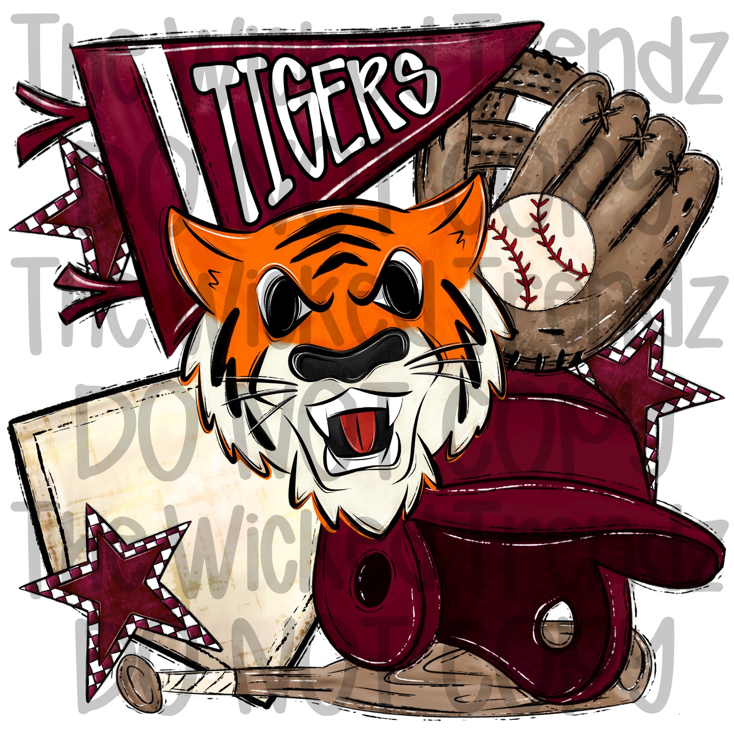 Tigers Maroon Baseball Team Mascot Digital Design