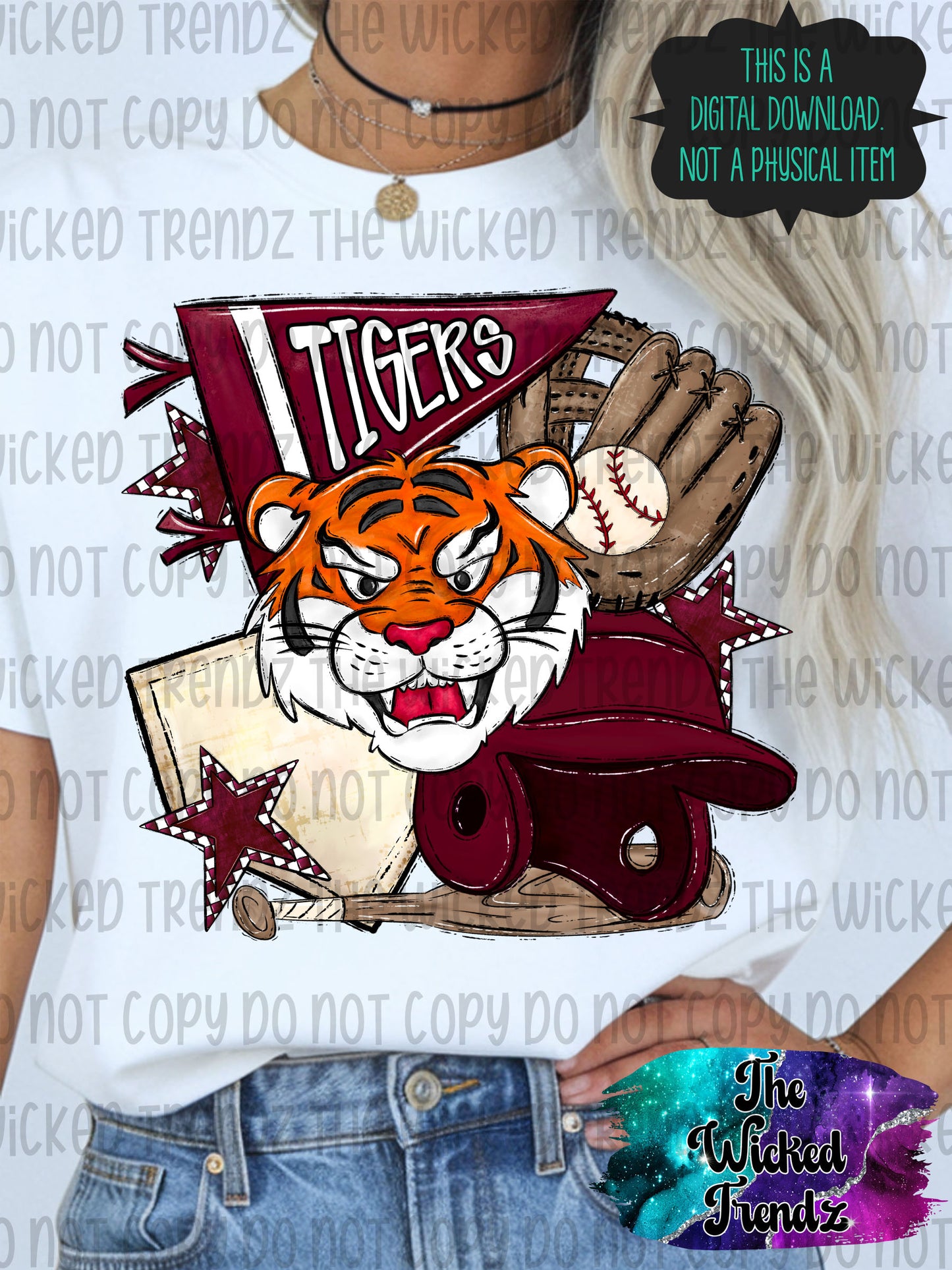 Tigers Maroon Baseball Team Mascot Digital Design