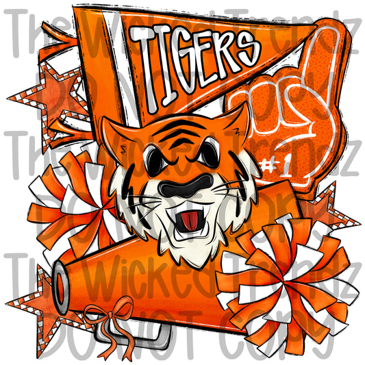 Tigers Orange Cheer Cheerleading Cheerleader Mascot Digital Design Spirit Shirt Design
